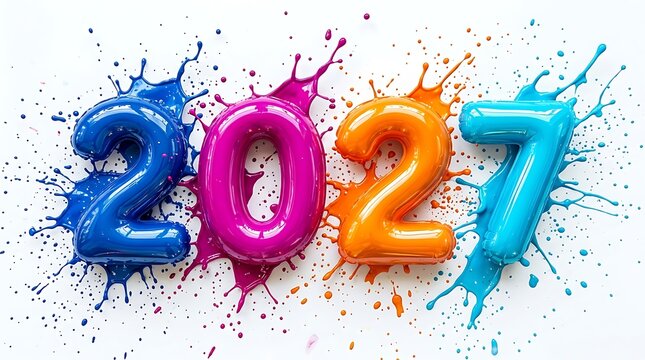 Glossy colorful 2027 balloon numbers with dynamic paint splash effects on white background create celebratory creative festive design perfect for new year holiday greeting concept.