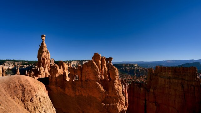 Majestic Bryce Canyon landscape featuring towering orange limestone hoodoos under a deep blue sky