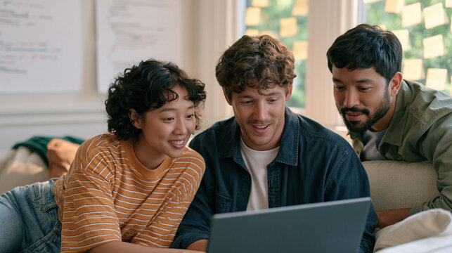 A diverse home software development team in a modest living room setting with whiteboards covered in code logic, sticky notes layered on windows, organic teamwork in a
