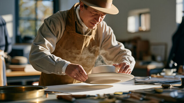 A milliner in a quiet rural workshop carefully steaming the brim of a structured hat into shape, the process captured mid-action with tools spread across a heritage worktable,