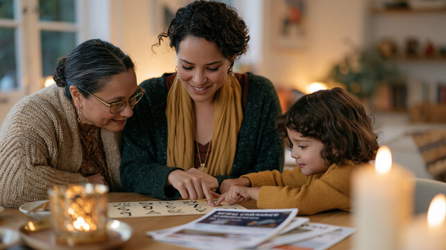 Numerology practitioner at a warm wooden table showing hand-drawn number charts to a multigenerational family in cozy home lighting, grandmother leaning in close, child pressing