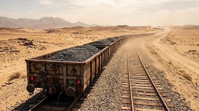 Long coal train carrying bulk cargo through arid desert landscape on sunny day with dust clouds highlighting transportation and industry.