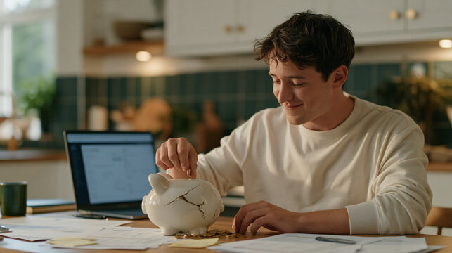 Young entrepreneur at a modest kitchen table surrounded by spreadsheets and sticky notes, carefully dropping coins one by one into a cracked ceramic piggy bank, growth hacking