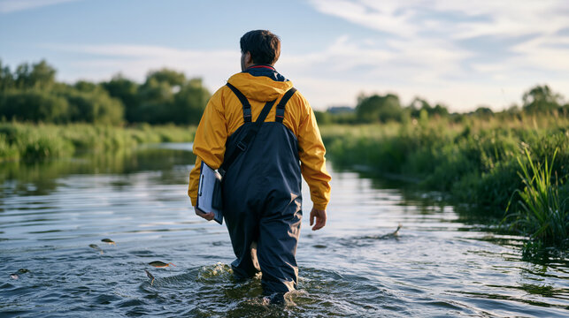 aquaculture worker wades through a shallow fish pond in a quiet rural wetland, viewed over the shoulder as fish leap in the still water, a keto adaptation athletic meal plan