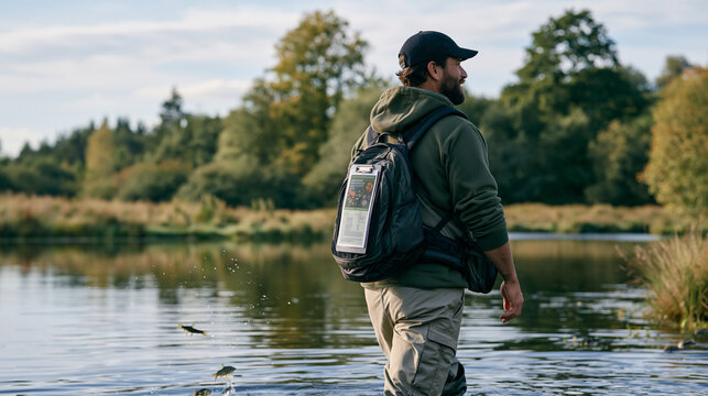 aquaculture worker wades through a shallow fish pond in a quiet rural wetland, viewed over the shoulder as fish leap in the still water, a keto adaptation athletic meal plan