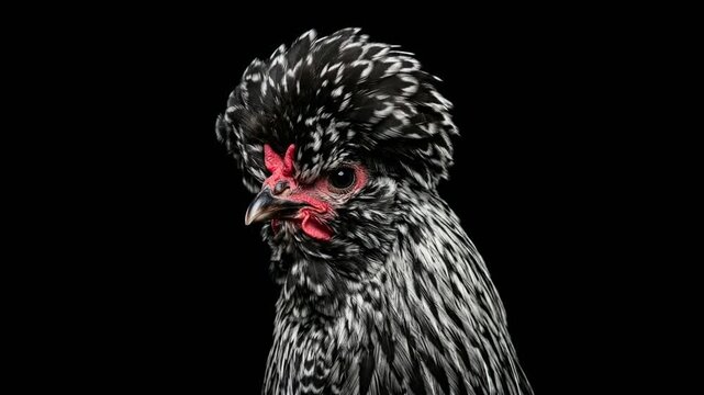 houdan chicken close up isolated on black background studio portrait france video