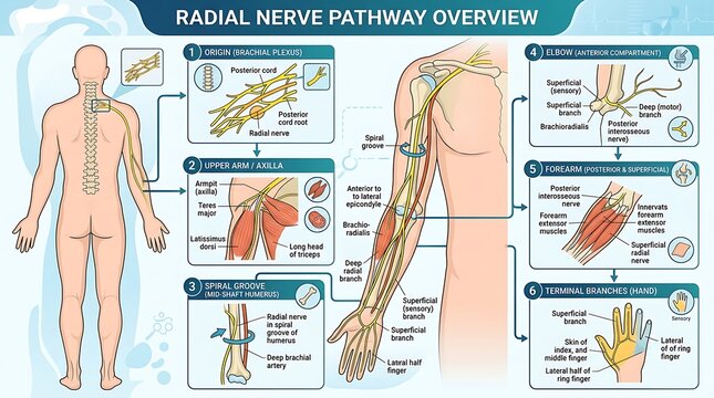 Human radial nerve pathway anatomy infographic and medical diagram