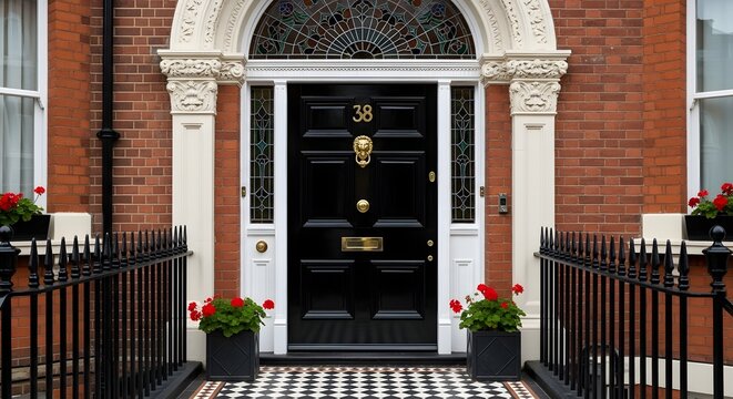 Elegant black front door of a traditional brick townhouse in London.