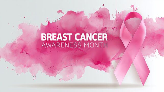Pink watercolor splash blending with a satin ribbon, symbolizing breast cancer awareness month and representing hope for women's health and vital research