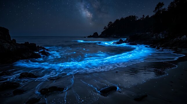 Bioluminescent blue waves glow on a dark beach under the milky way