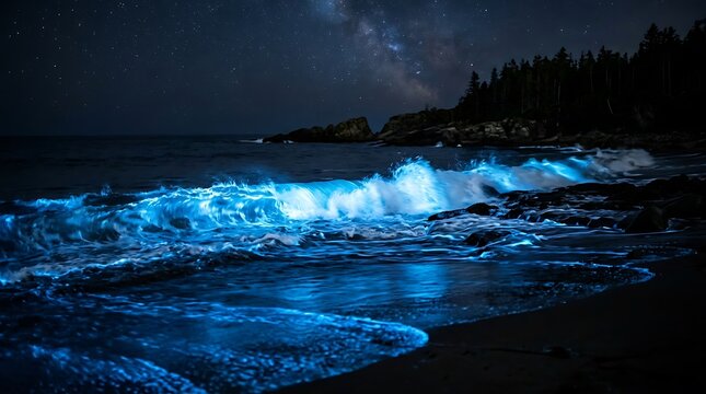 Bioluminescent ocean waves glowing blue on a dark beach at night