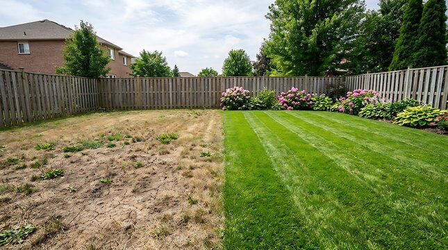 Dry dead lawn split with vibrant green grass section showing lawn care contrast for homeowner backyard revitalization and outdoor maintenance before and after comparison.
