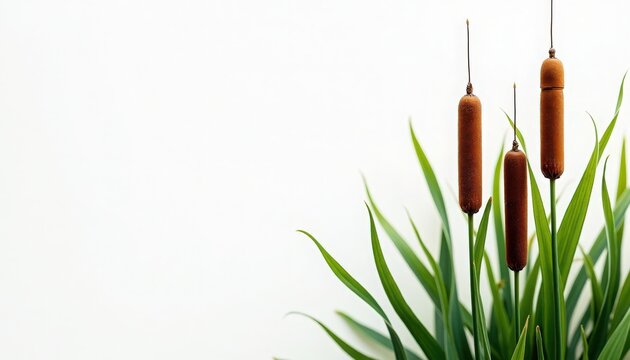 Cattail plant close-up with brown seed heads and long green leaves on white background, cattail plant study emphasizing texture, form and vertical lines for editorial use and interior botanical decor,