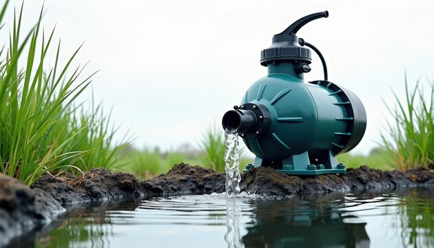 Water pump installed in irrigation ditch with green motor housing and inlet pipe, water flowing across muddy banks into paddy field, close-up showing reflection and wet soil,