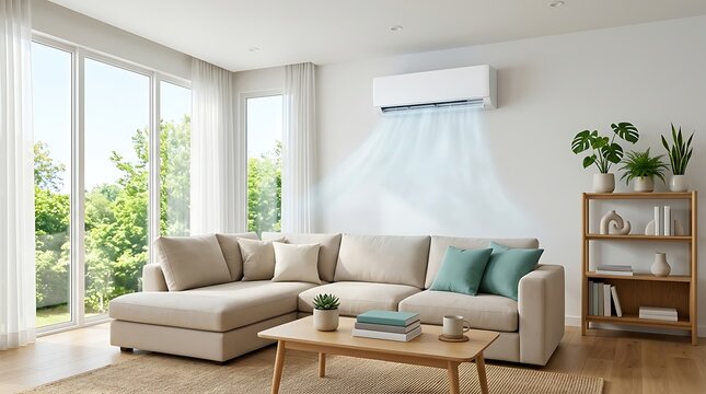 Bright modern living room with split air conditioner cooling sectional couch and coffee table featuring plants, abundant natural light from large windows creating a comfortable home atmosphere.