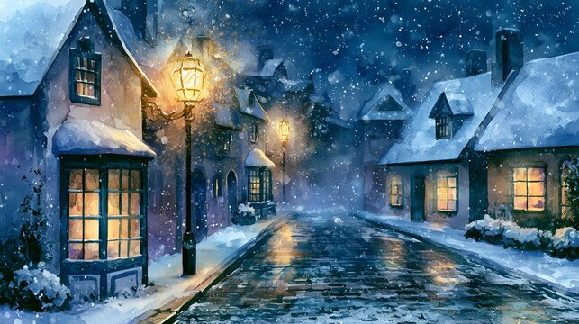 Watercolor painting of a serene winter evening in a cozy European village with glowing street lamps