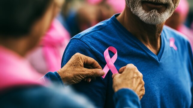 Man proudly displays a pink breast cancer awareness ribbon on his blue shirt, showing support for women's health and demonstrating solidarity during a fundraising event