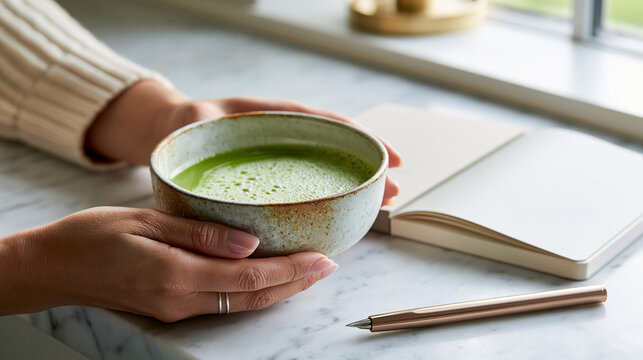 Person holding a ceramic bowl of green matcha tea with a notebook and pen on a marble table near a window with natural light illuminating the scene