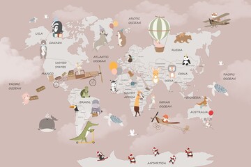 Cute illustrated world map for kids featuring continents, oceans, animals, landmarks, hot air balloons, vintage airplanes, and playful travel elements. Educational and colorful children's wall. © Wall Design
