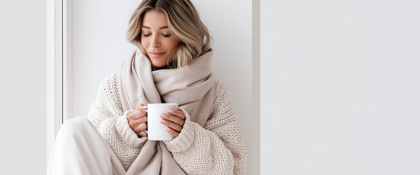 Caucasian woman with long blonde hair wearing a cozy sweater and scarf holds a white mug while sitting against a light wall in a bright indoor setting