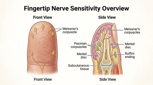 Medical illustration showing human fingertip nerve endings and anatomy