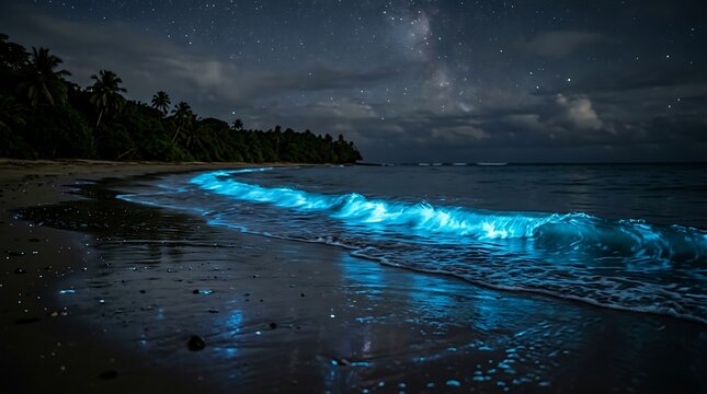 Bioluminescent waves glow on beach under starry night sky