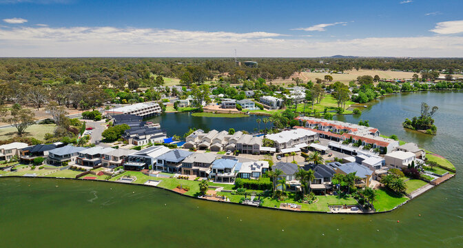 Aerial view of waterfront houses on Lake Mulwala