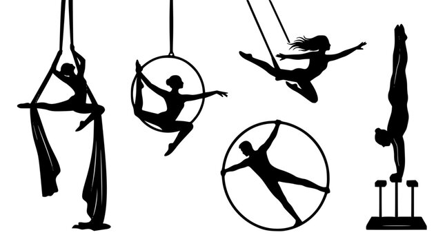 Aerial Circus and Acrobatics Silhouette Vector Icon Set with Silk Ribbons, Lyra Hoop, Trapeze, Cyr Wheel, and Gymnastics Handstand Performance Design