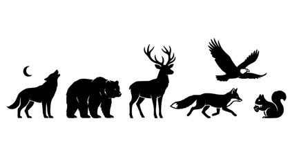 Fototapeta premium Wild Animals and Forest Wildlife Silhouette Vector Icon Set with Howling Wolf, Grizzly Bear, Deer, Flying Eagle, Fox, and Squirrel for Nature Branding Design