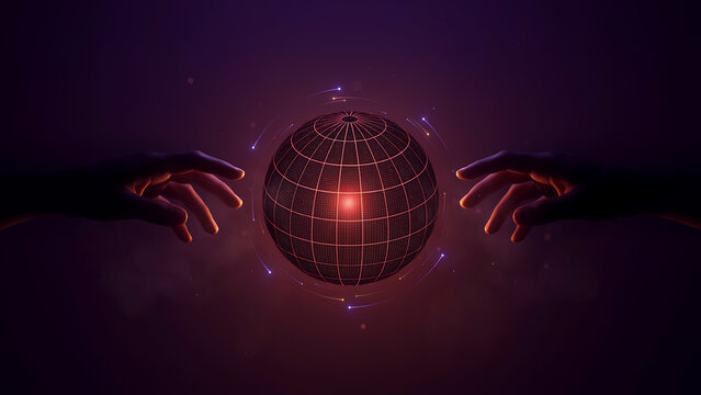 Two human hands reaching toward a glowing digital wireframe sphere
