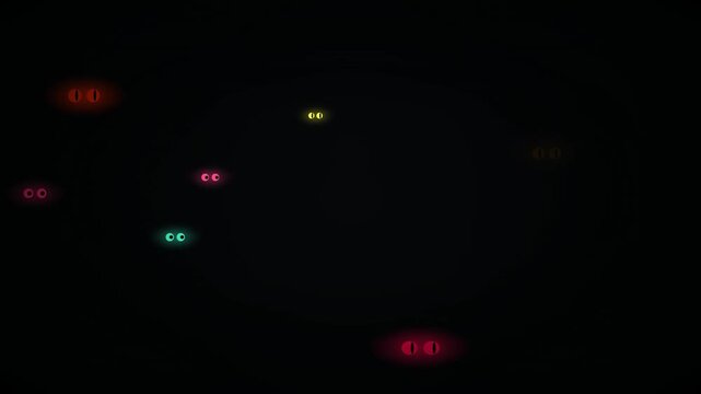 Colorful glowing pairs of eyes blinking in the dark Halloween loop background. Spooky glowing monster eyes in the dark, Halloween motion background