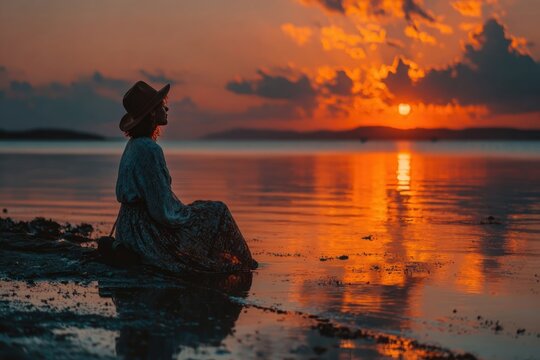 Woman peacefully watching sunset by the ocean, tranquil setting reflecting inner calm and peace