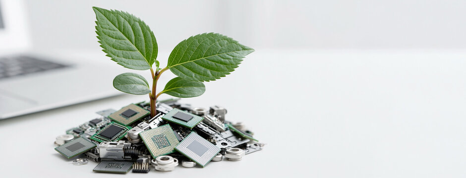 Green plant growing from a pile of electronic circuit boards and components on a white surface, with a laptop partially visible in the background
