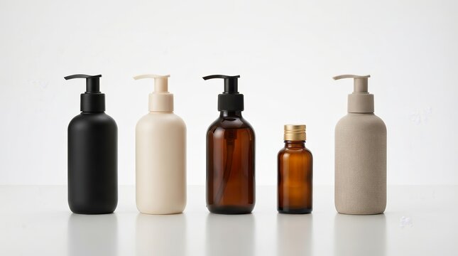 Set of cosmetic packaging featuring shampoo pump bottles and glass dispenser containers.