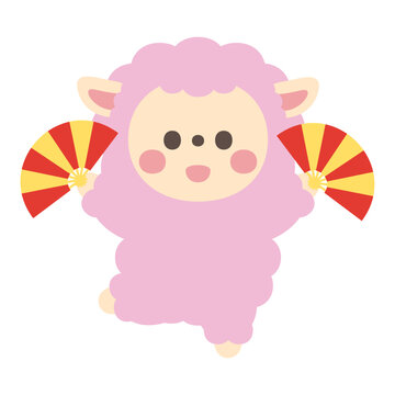 扇を持ったかわいい羊のキャラクターイラスト素材