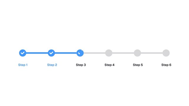 Animated Progress Stepper with Six Steps and Checkmark Completion Indicators. Transparent background. 4K resolution