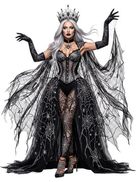  Woman in Spider Queen Costume with Web Cape and Crown on Transparent Background