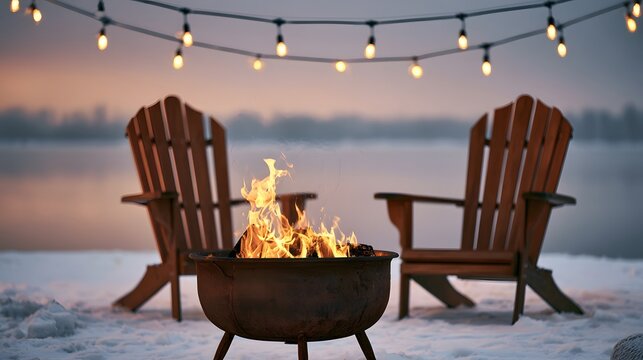 Cozy winter lakeside scene with a crackling fire pit and glowing globe lights at golden hour dusk