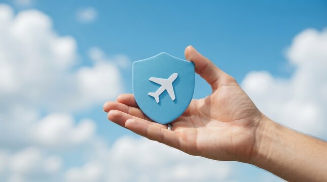 Safe airplane travel with insurance protection symbolized by a shield in a bright sky.