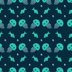 Fototapeta premium Seamless jellyfish pattern on a dark underwater background with elegant marine life and aquatic texture. Ideal for fashion fabrics, textile design, wallpapers, clothing, swimwear, home decor