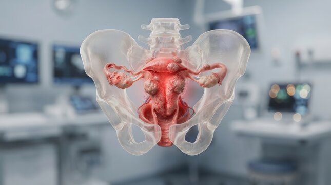 Anatomical model of the female reproductive system with uterine fibroids for medical diagnosis.