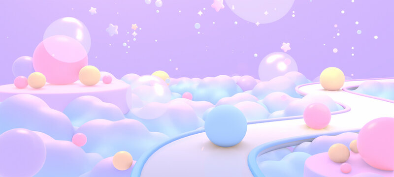 3D render of pastel dreamscape with clouds and spheres.