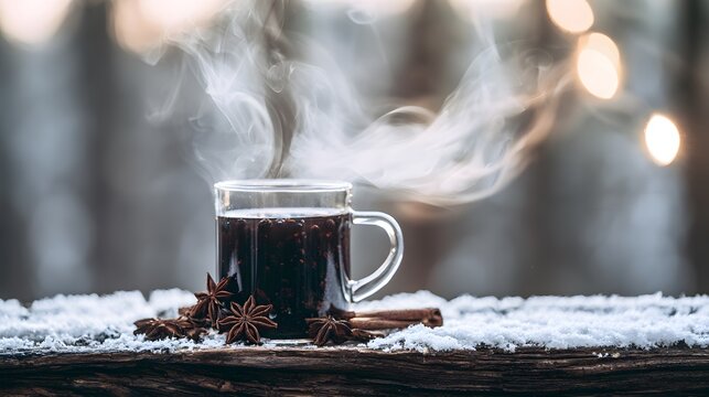 Steaming mug of spiced tea with star anise and cinnamon on snowy wood against a winter forest background