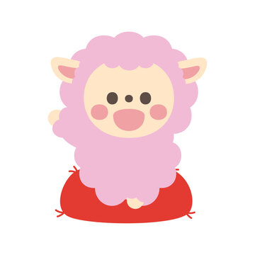 座布団に座っているかわいい羊のキャラクターイラスト素材