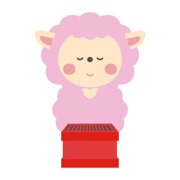 お参りするかわいい羊のキャラクターイラスト素材
