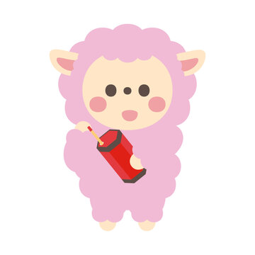 おみくじを引くかわいい羊のキャラクターイラスト素材