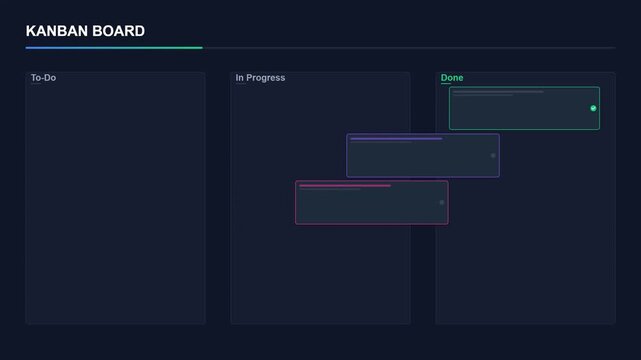 Digital kanban board managing tasks in a dark software interface