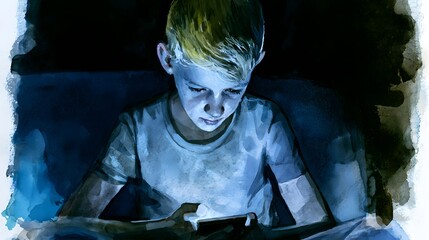 Fototapeta premium Watercolor portrait of a young boy using a glowing smartphone in a moody dark room atmosphere