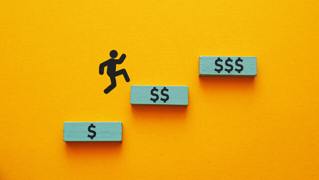 Career Growth and Salary Increase Concept with Person Climbing Financial Steps Toward Higher Income, Professional Success, Promotion, Wealth Building and Economic Opportunity