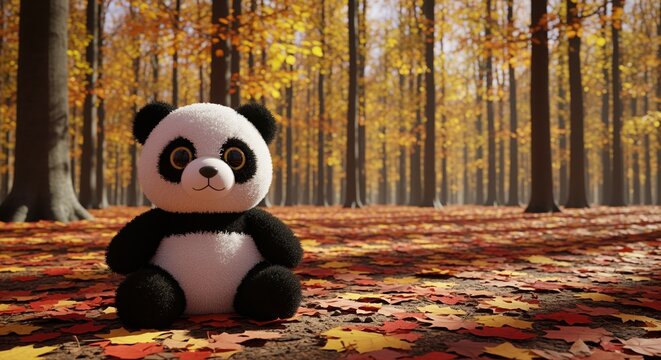 A cute stuffed panda toy sits on a forest floor covered with golden autumn leaves. Tall trees with yellow foliage create a warm, peaceful woodland setting for children's content.